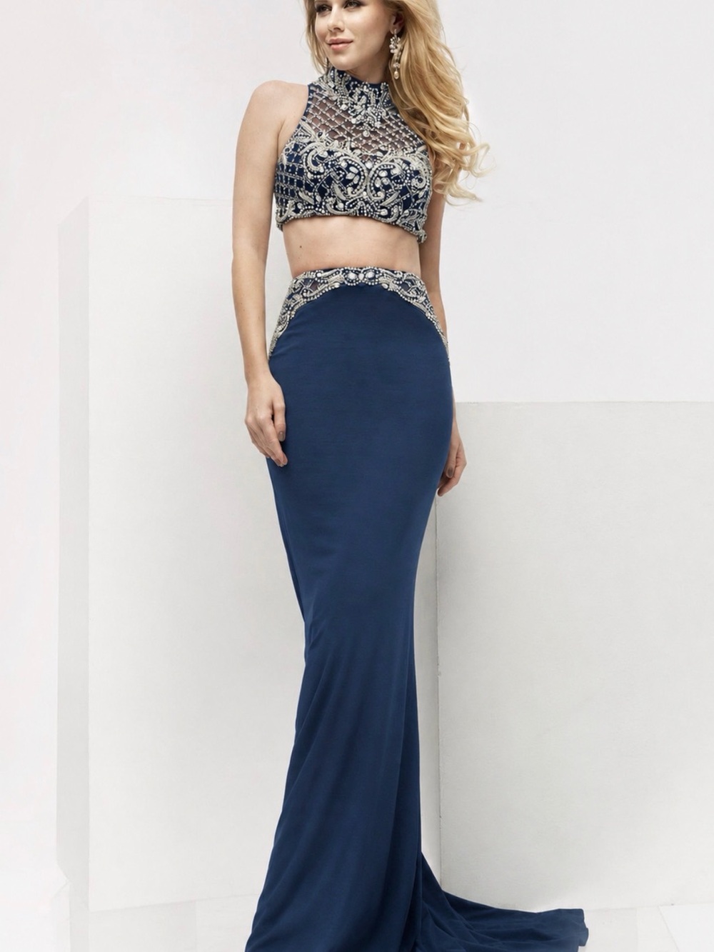 Jasz couture 6092 Beaded High-Neck slate blue Two-Piece Prom Gown